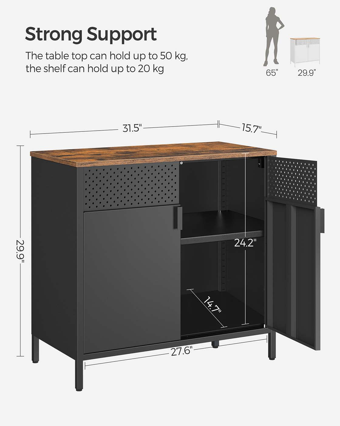 Double-Door Floor Cabinet – Steel Frame – Rustic Brown and Black – Adjustable Shelf with Magnetic Closure and Industrial Style