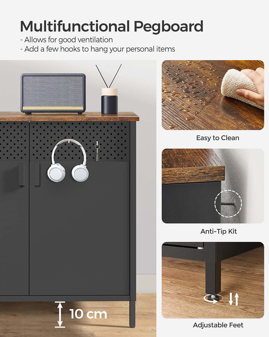 Double-Door Floor Cabinet – Steel Frame – Rustic Brown and Black – Adjustable Shelf with Magnetic Closure and Industrial Style