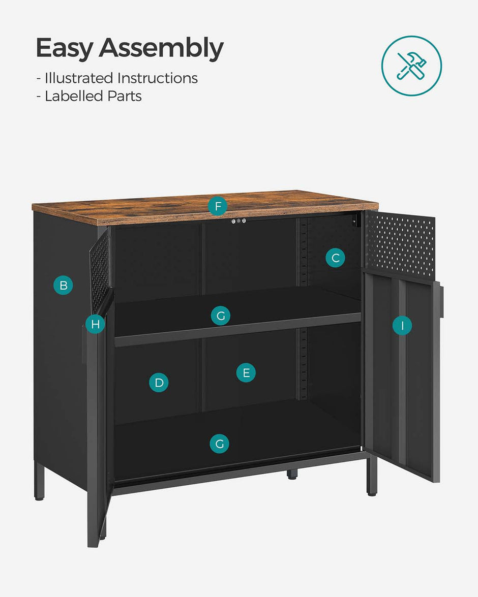 Double-Door Floor Cabinet – Steel Frame – Rustic Brown and Black – Adjustable Shelf with Magnetic Closure and Industrial Style