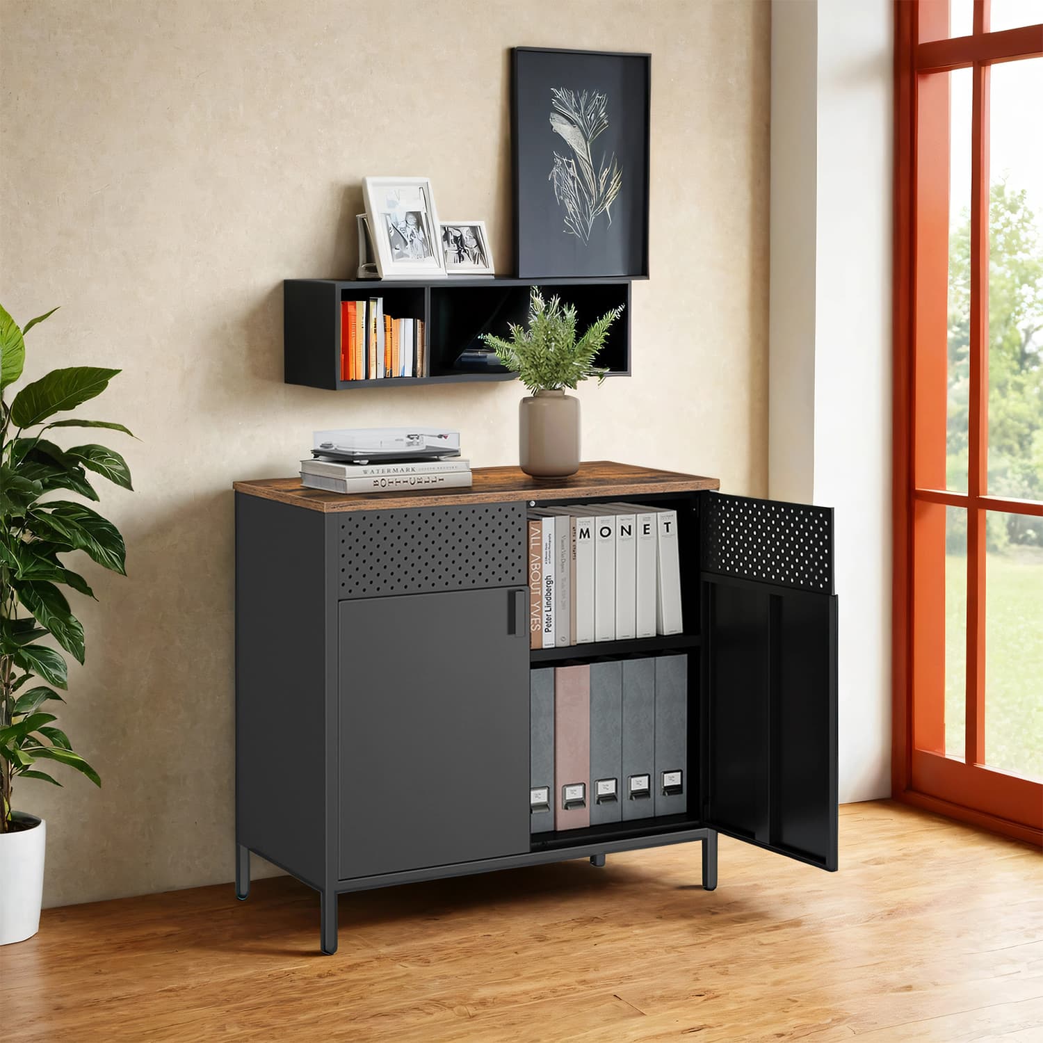 Floor Cabinet – Metal – Rustic Brown and Black – Adjustable Shelf, Space-Saving Design