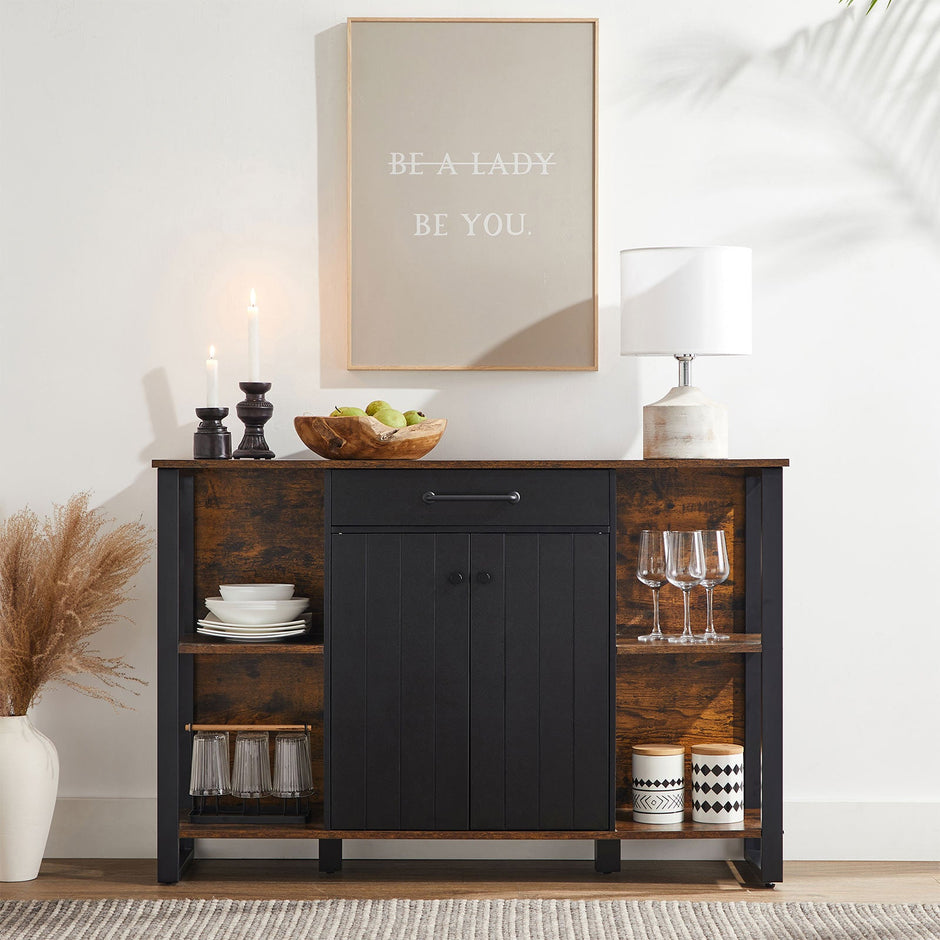 Sideboard – Steel Frame – Rustic Brown and Black – Kitchen Cupboard with Drawer and Shelves