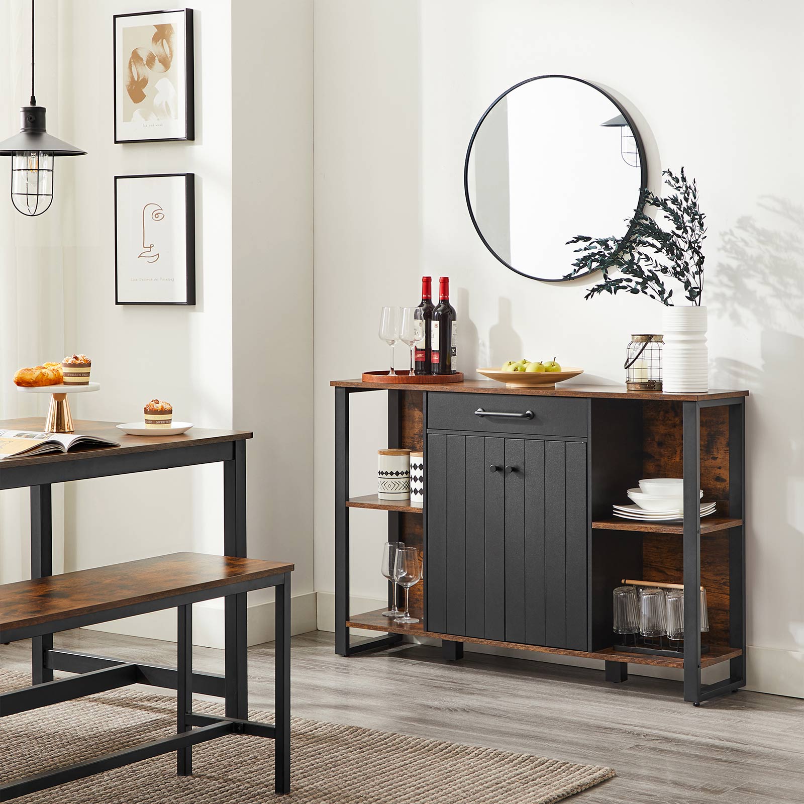 Sideboard – Steel Frame – Rustic Brown and Black – Kitchen Cupboard with Drawer and Shelves