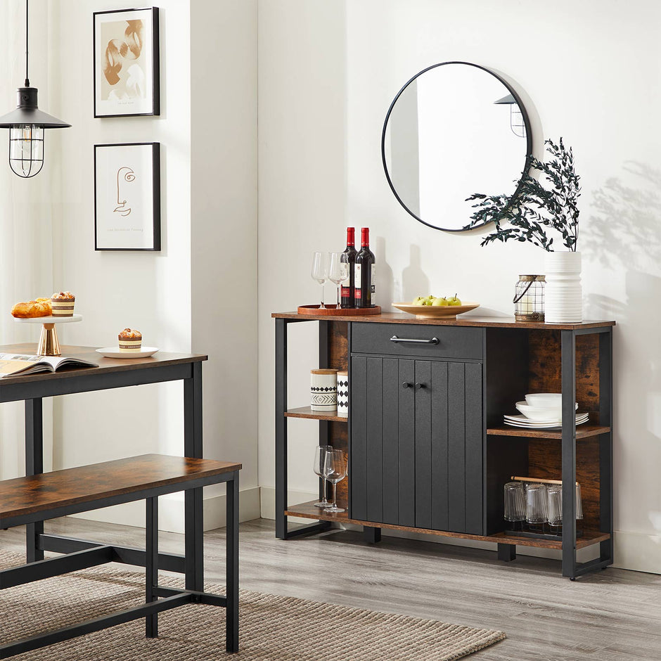Sideboard – Steel Frame – Rustic Brown and Black – Kitchen Cupboard with Drawer and Shelves