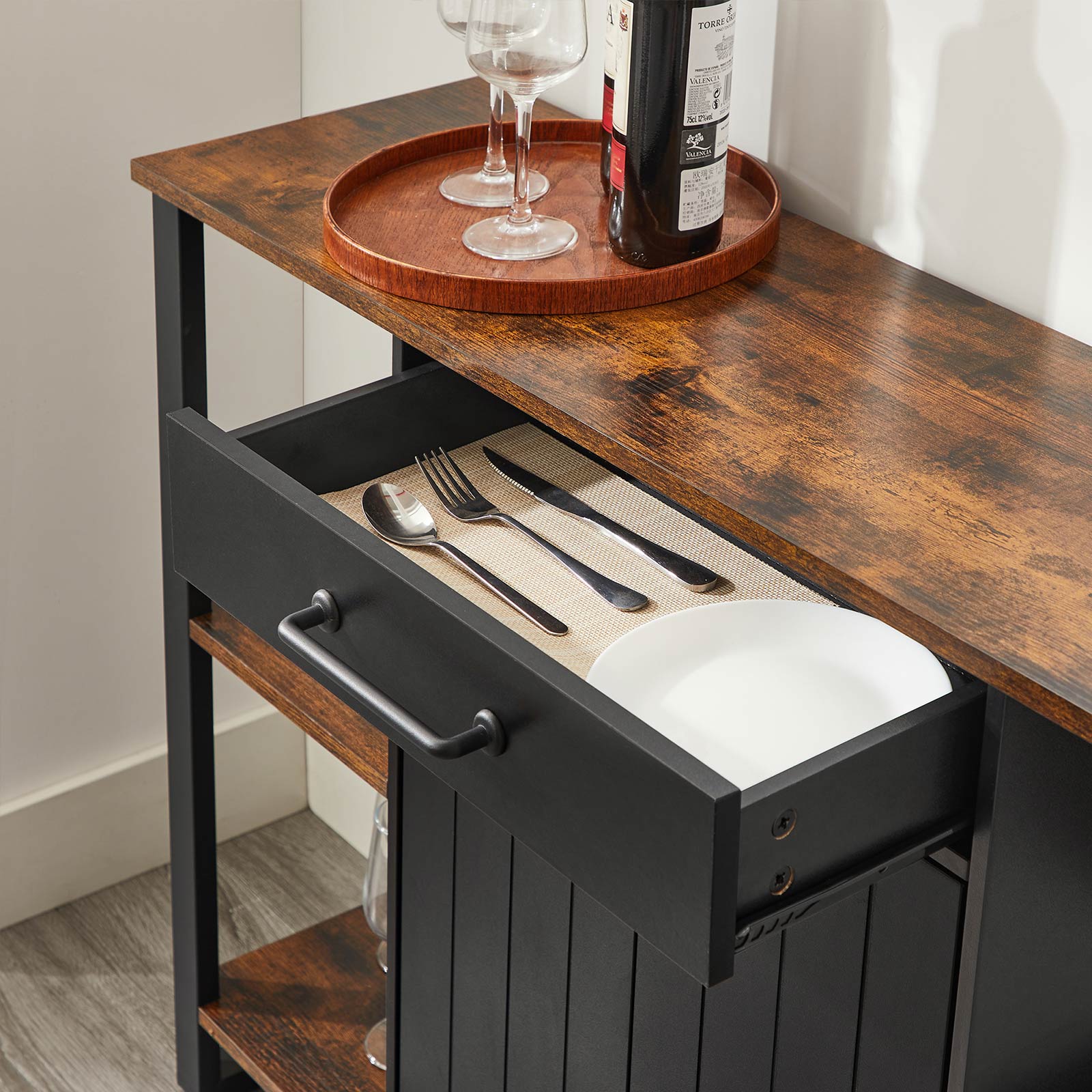 Sideboard – Steel Frame – Rustic Brown and Black – Kitchen Cupboard with Drawer and Shelves