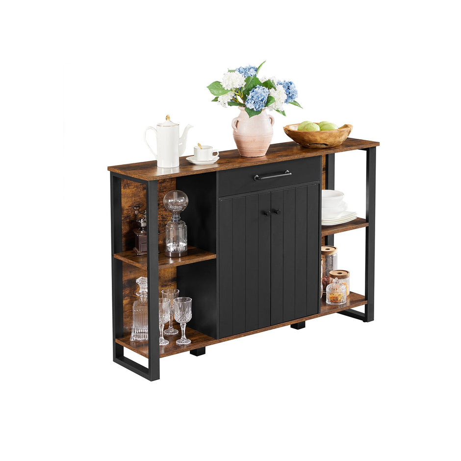 Sideboard – Steel Frame – Rustic Brown and Black – Kitchen Cupboard with Drawer and Shelves