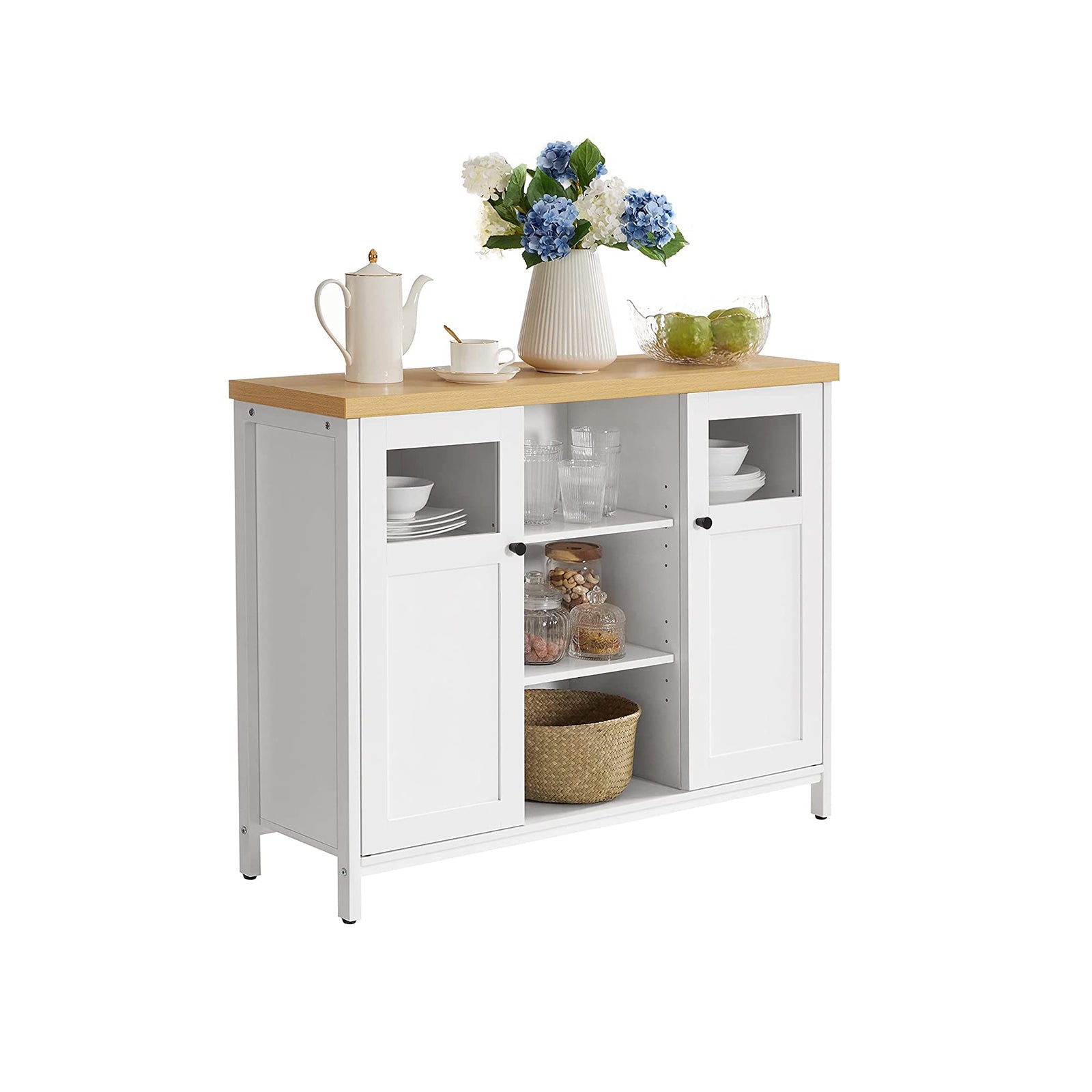 Storage Cupboard – Wood – White and Oak – Adjustable Shelves with Glass Window