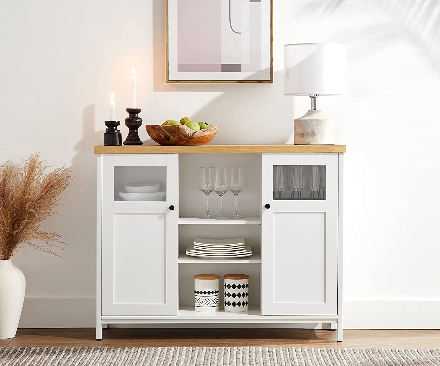 Storage Cupboard – Wood – White and Oak – Adjustable Shelves with Glass Window