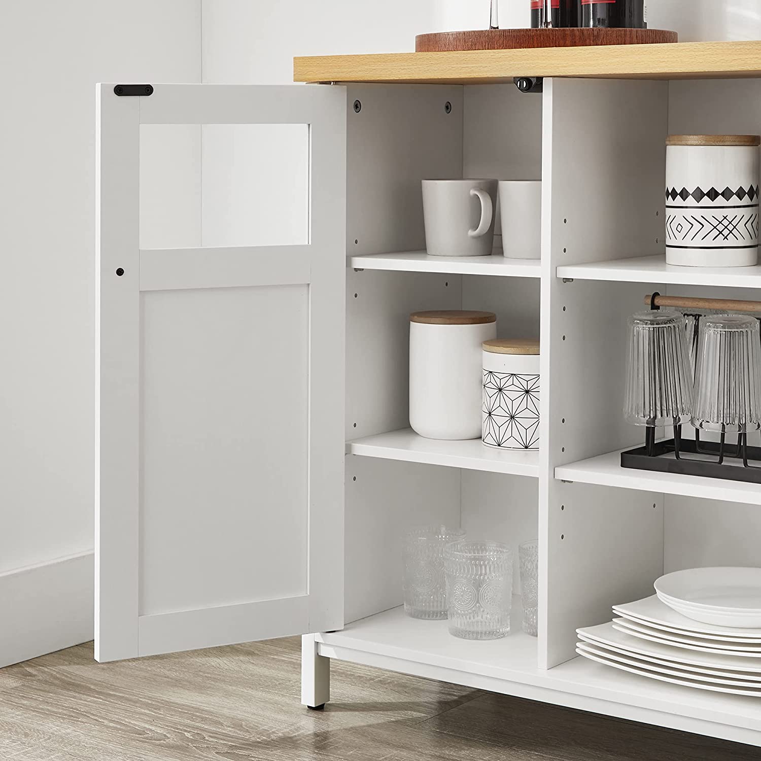 Storage Cupboard – Wood – White and Oak – Adjustable Shelves with Glass Window