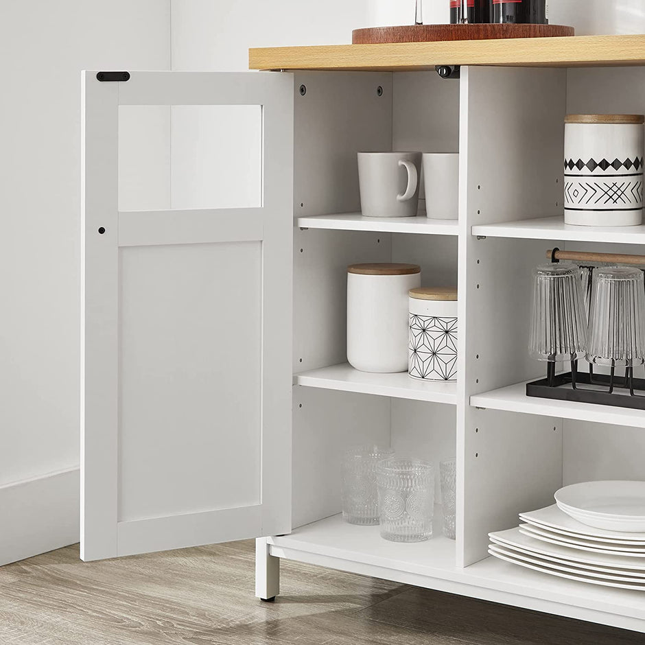 Storage Cupboard – Wood – White and Oak – Adjustable Shelves with Glass Window
