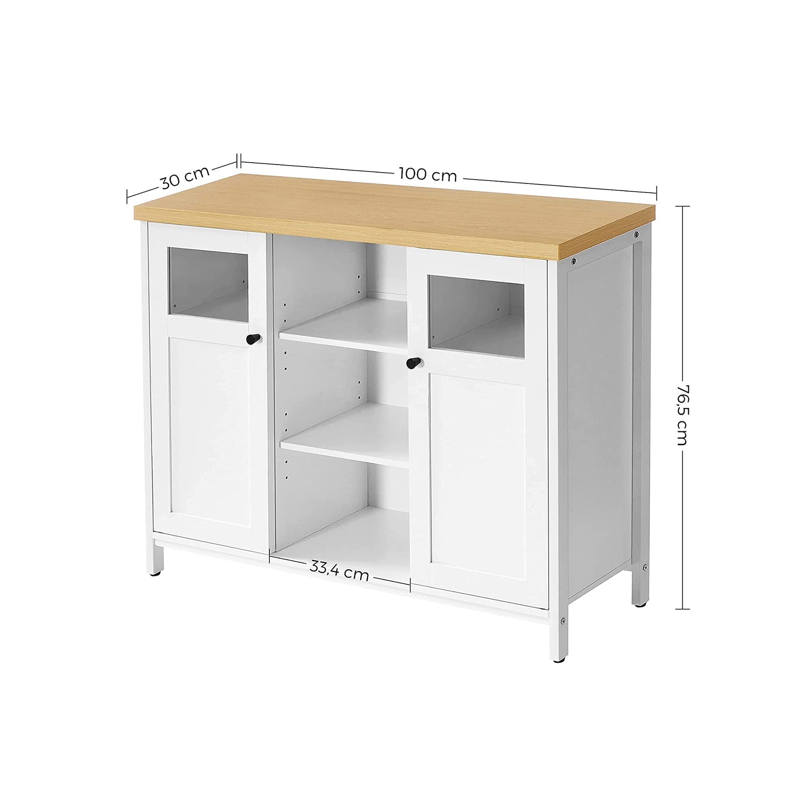 Storage Cupboard – Wood – White and Oak – Adjustable Shelves with Glass Window