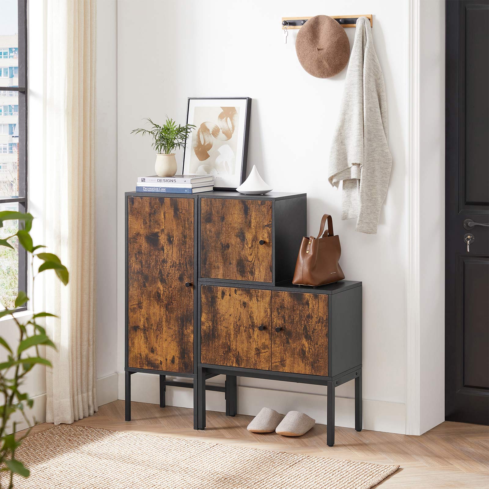 Sideboard – Steel Frame – Rustic Brown and Black – Industrial Design Storage Cabinet with Doors