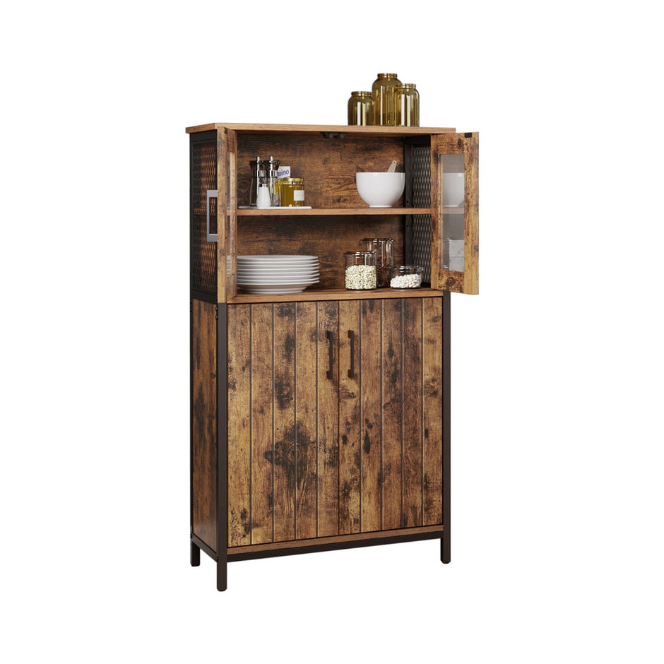 Storage Cabinet – Steel Frame – Rustic Brown and Black – Adjustable Shelf and Glass Doors
