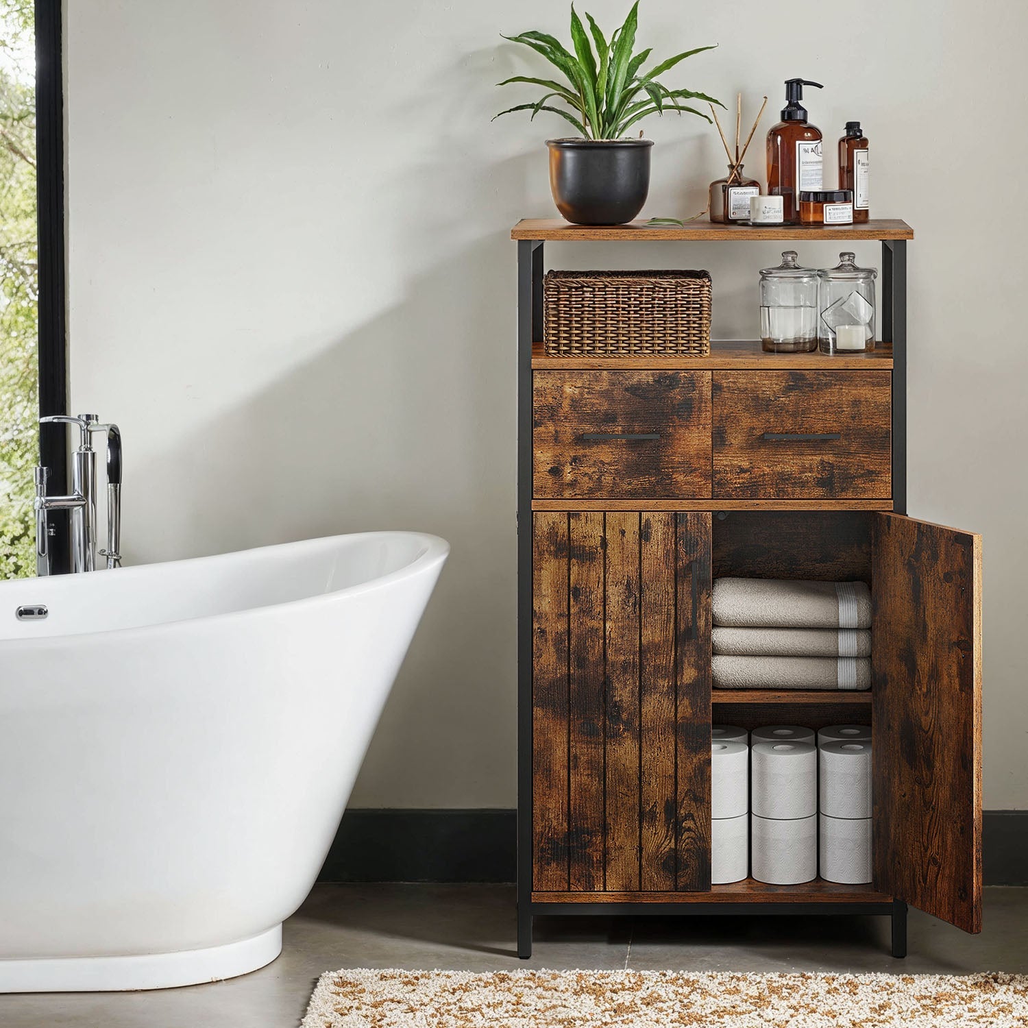 Slim Freestanding Storage Cabinet – Steel Frame – Brown and Black – Multipurpose with Drawer and Adjustable Shelf