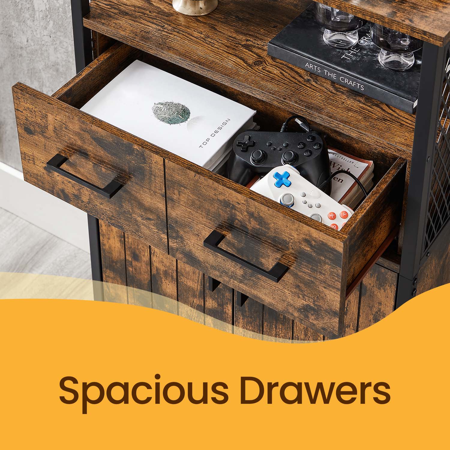Slim Freestanding Storage Cabinet – Steel Frame – Brown and Black – Multipurpose with Drawer and Adjustable Shelf