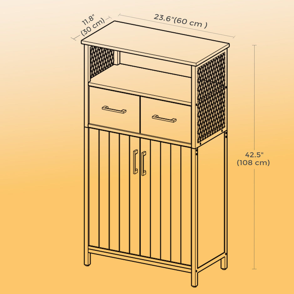 Slim Freestanding Storage Cabinet – Steel Frame – Brown and Black – Multipurpose with Drawer and Adjustable Shelf