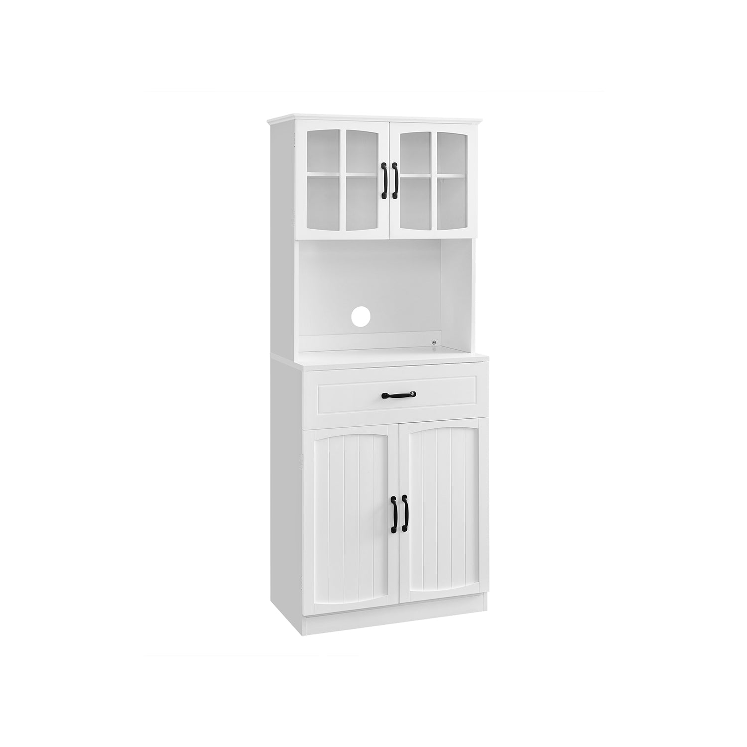 Freestanding Kitchen Cabinet – Wood – Cloud White – Glass Doors, Adjustable Shelves and Drawer