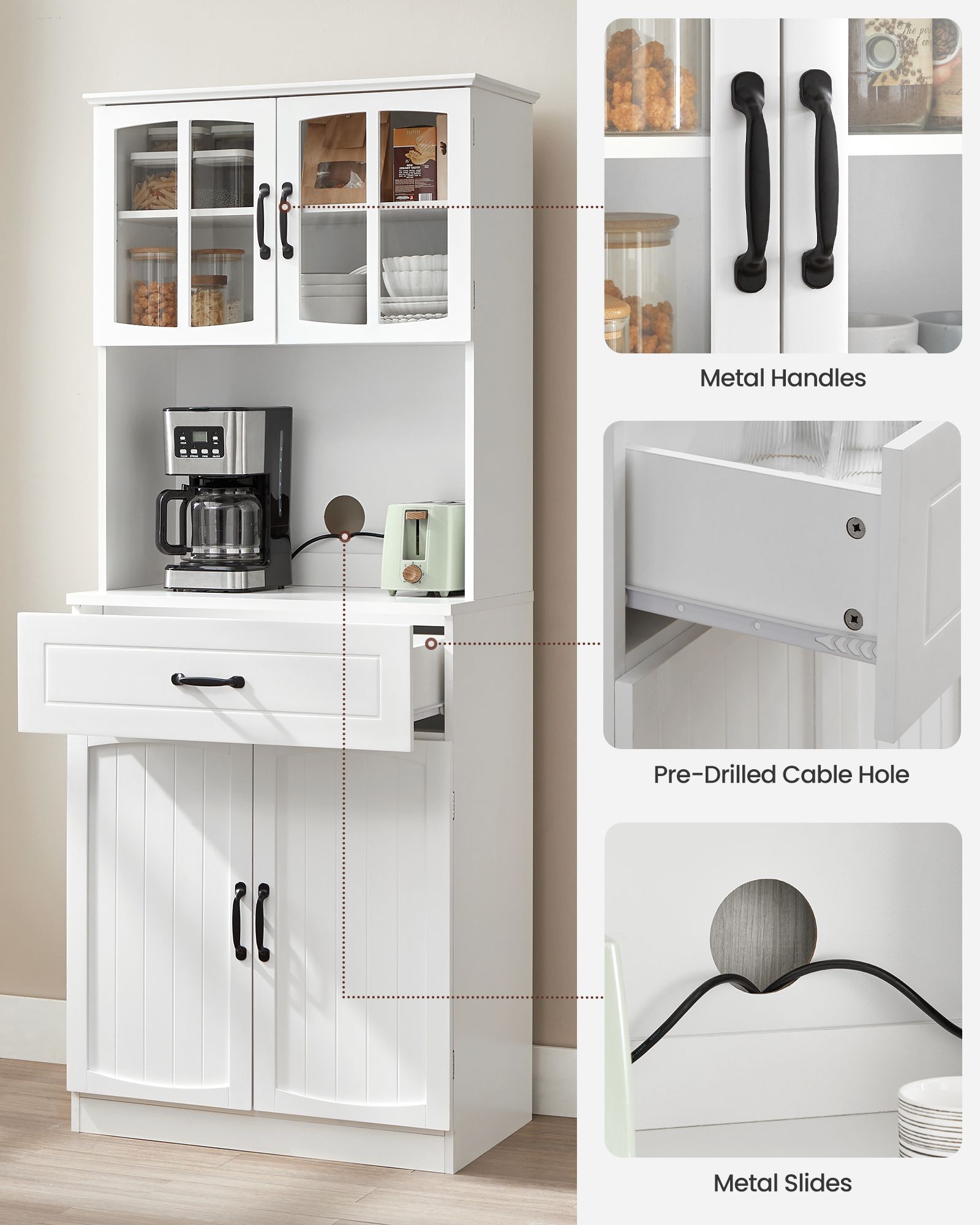 Freestanding Kitchen Cabinet – Wood – Cloud White – Glass Doors, Adjustable Shelves and Drawer