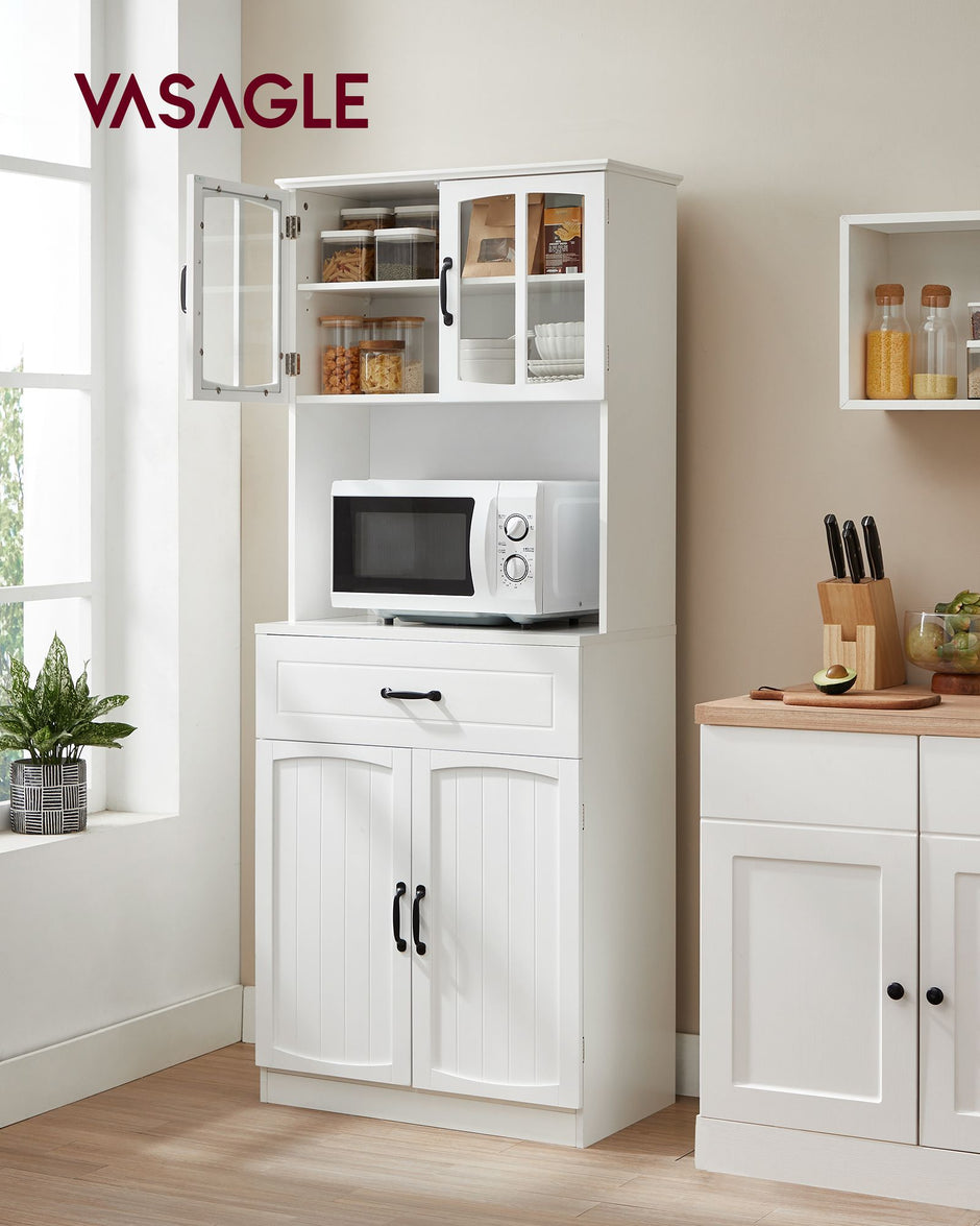 Freestanding Kitchen Cabinet – Wood – Cloud White – Glass Doors, Adjustable Shelves and Drawer