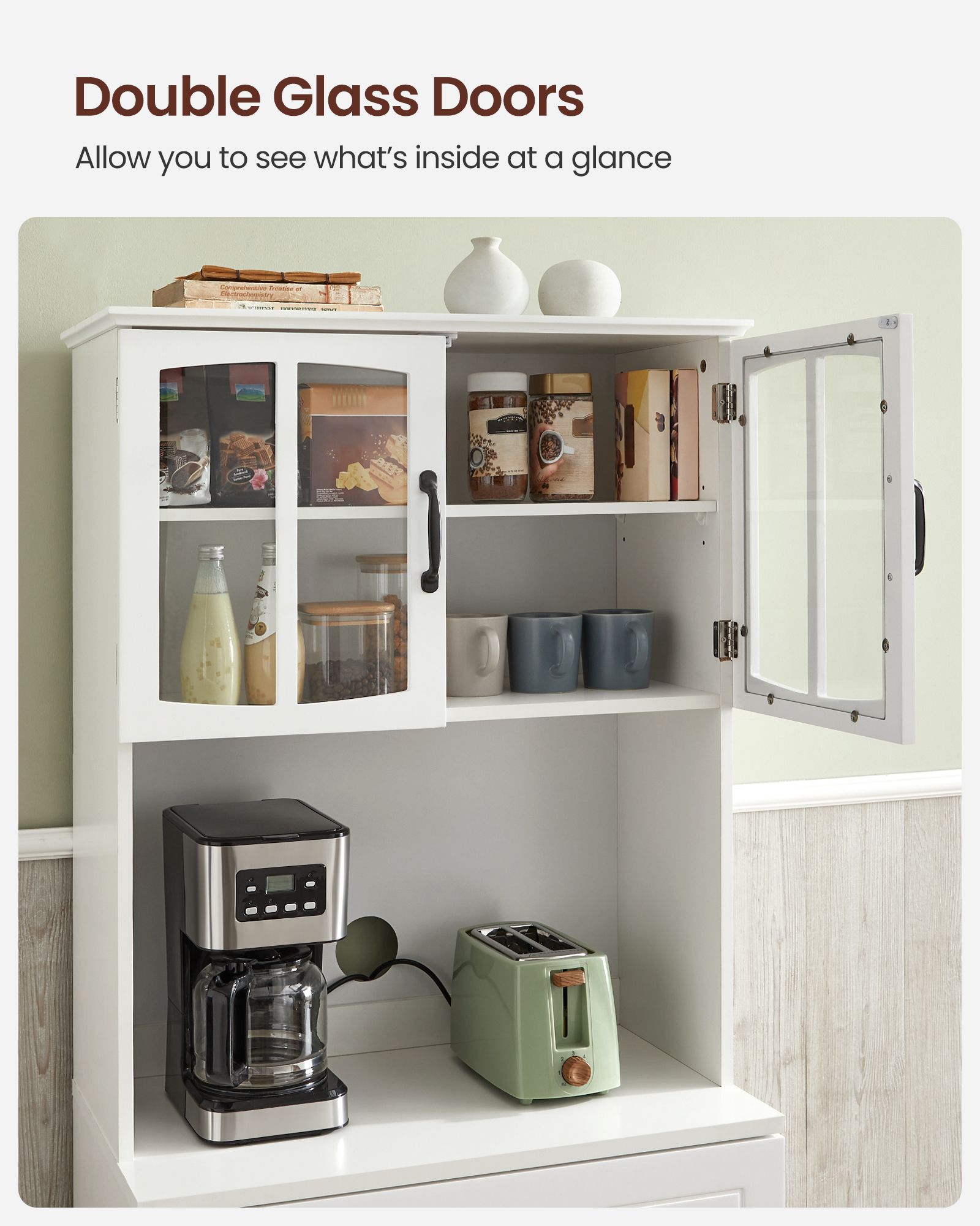 Freestanding Kitchen Cabinet – Wood – Cloud White – Glass Doors, Adjustable Shelves and Drawer