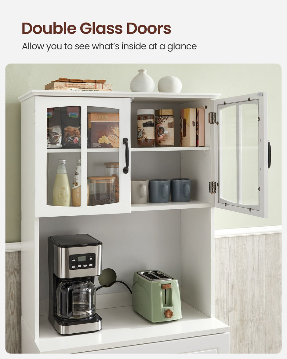 Freestanding Kitchen Cabinet – Wood – Cloud White – Glass Doors, Adjustable Shelves and Drawer