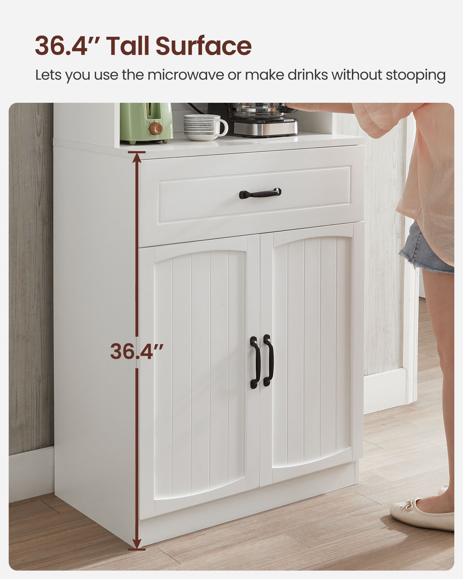 Freestanding Kitchen Cabinet – Wood – Cloud White – Glass Doors, Adjustable Shelves and Drawer