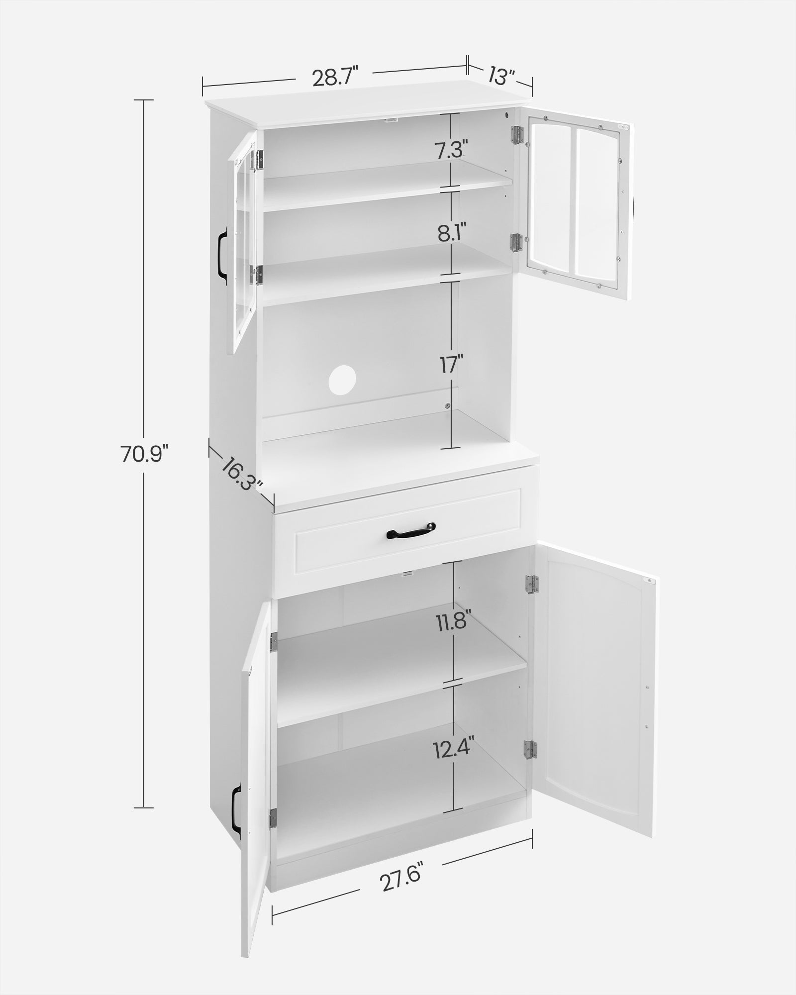 Freestanding Kitchen Cabinet – Wood – Cloud White – Glass Doors, Adjustable Shelves and Drawer