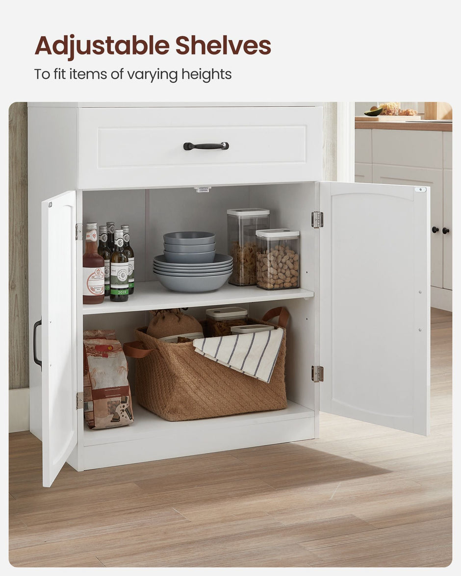 Freestanding Kitchen Cabinet – Wood – Cloud White – Glass Doors, Adjustable Shelves and Drawer