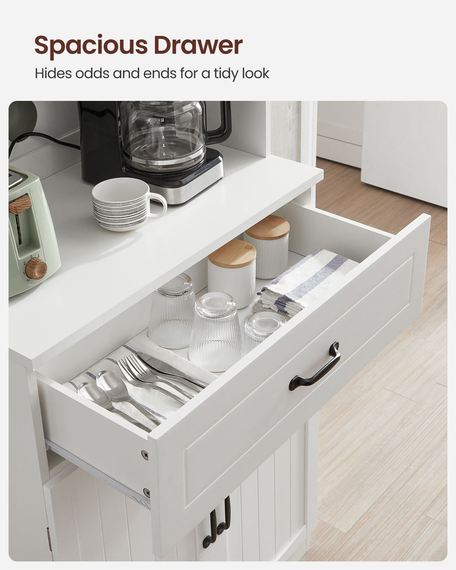 Freestanding Kitchen Cabinet – Wood – Cloud White – Glass Doors, Adjustable Shelves and Drawer