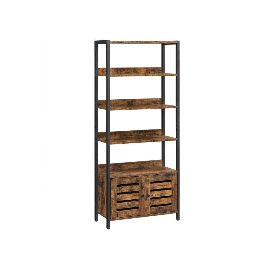 Bookshelf – Wood – Rustic Brown and Black – 4-Tier with Cabinet and Shutter Doors