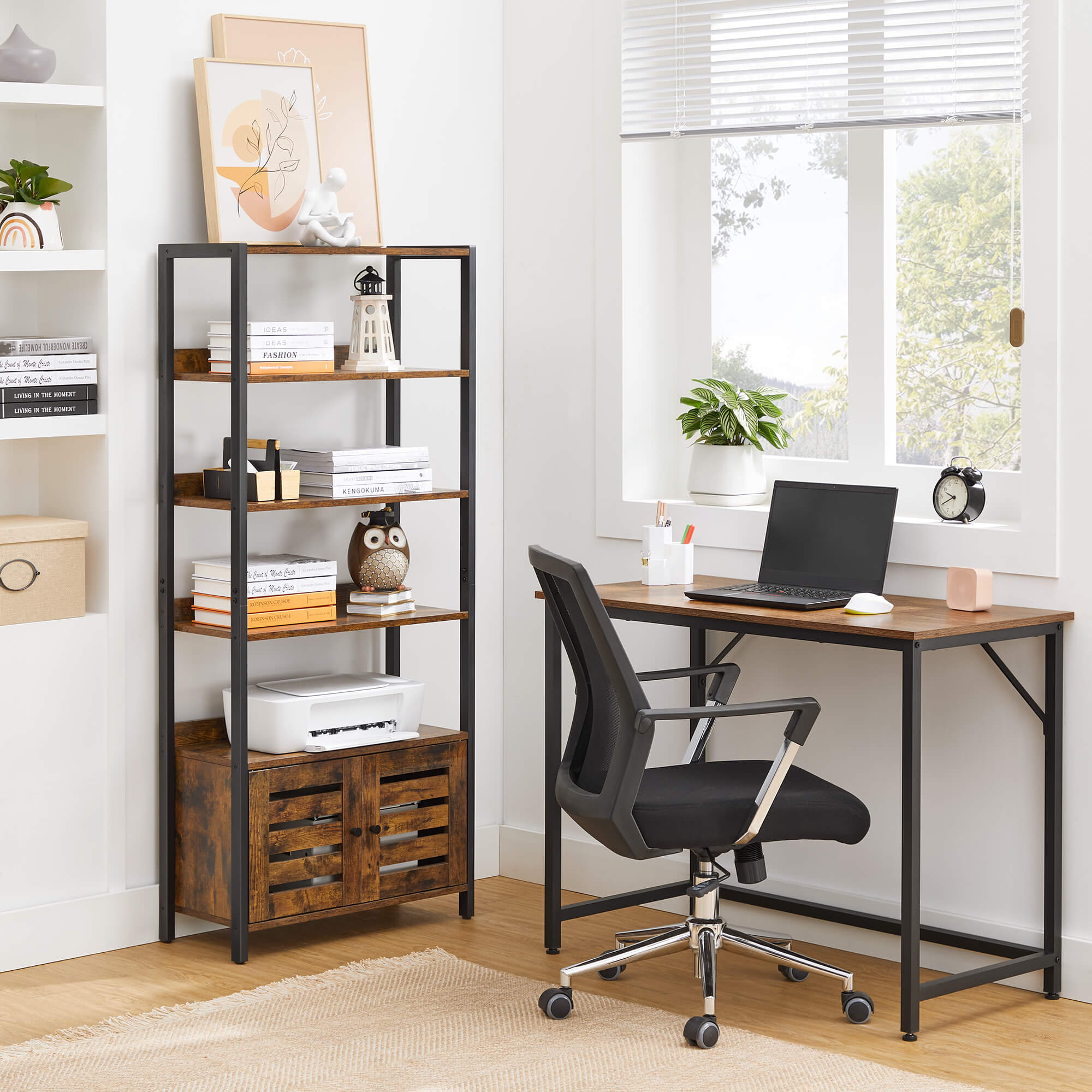 Bookshelf – Wood – Rustic Brown and Black – 4-Tier with Cabinet and Shutter Doors