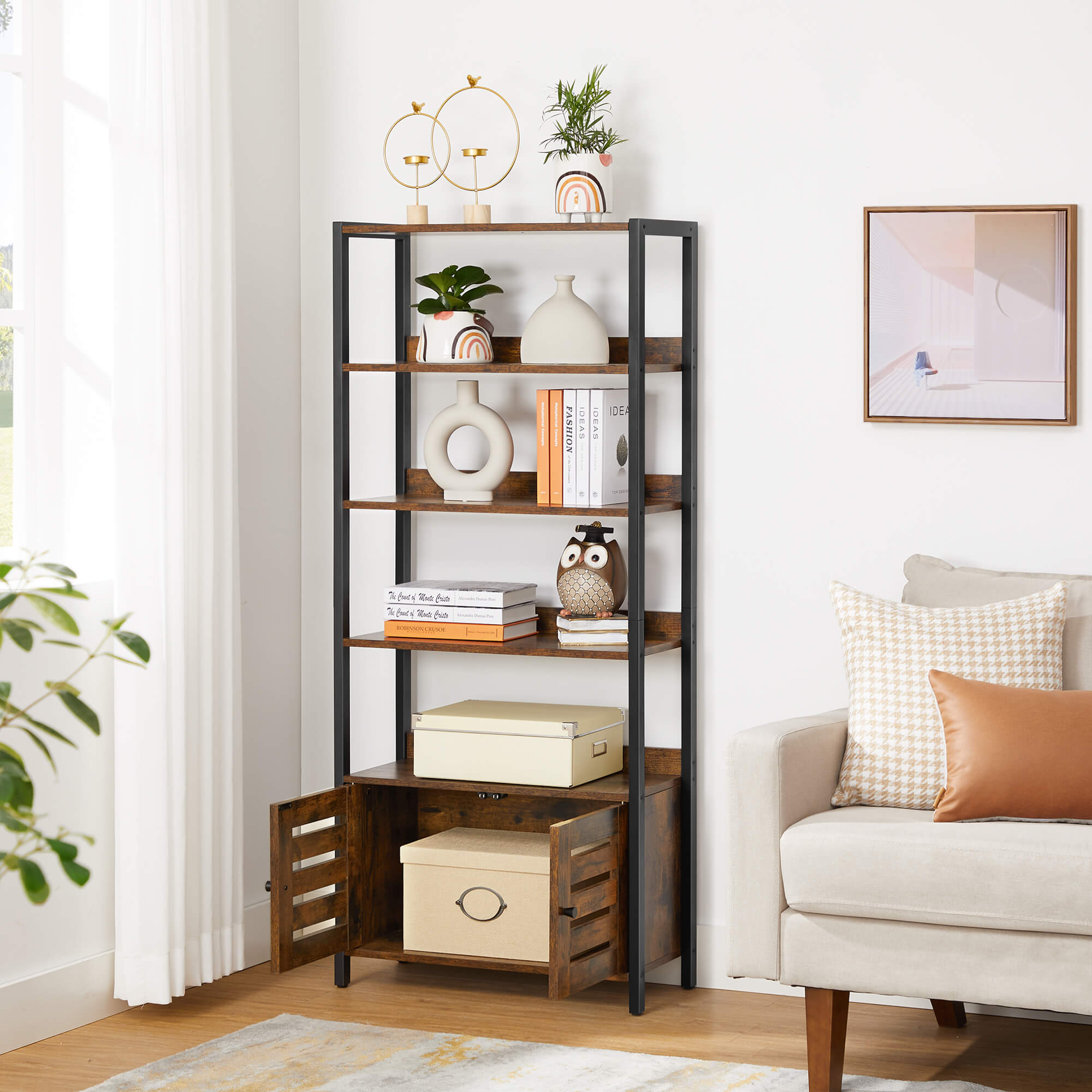 Bookshelf – Wood – Rustic Brown and Black – 4-Tier with Cabinet and Shutter Doors