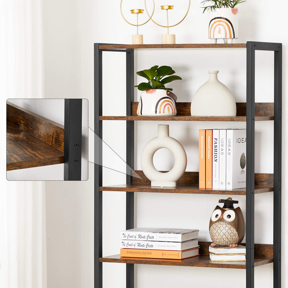 Bookshelf – Wood – Rustic Brown and Black – 4-Tier with Cabinet and Shutter Doors