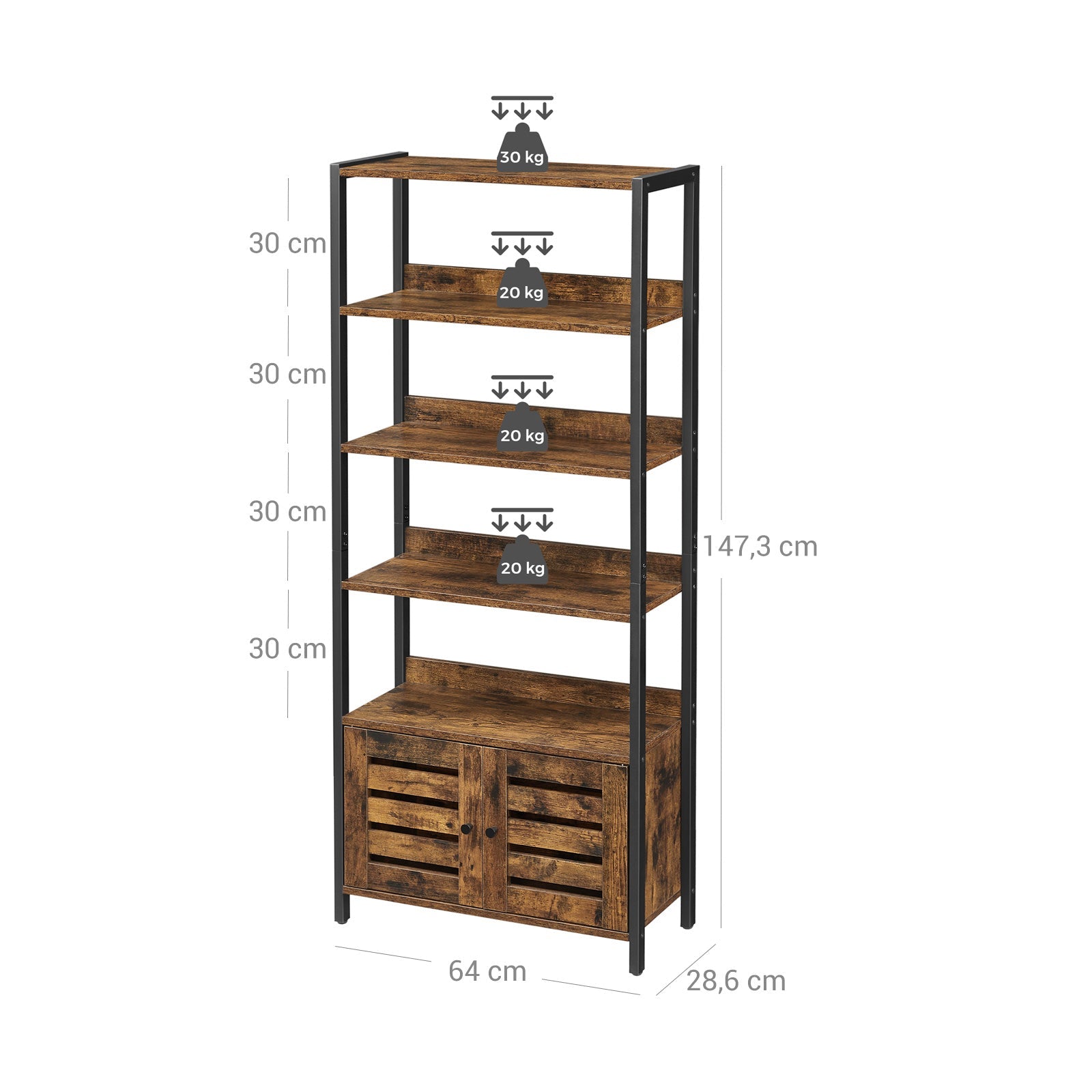 Bookshelf – Wood – Rustic Brown and Black – 4-Tier with Cabinet and Shutter Doors