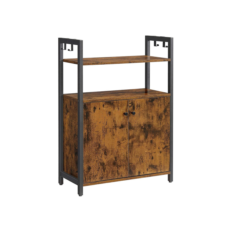 Storage Cabinet – Steel Frame – Rustic Brown – Floor Standing with Cupboard and Open Shelves