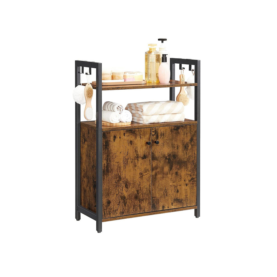 Storage Cabinet – Steel Frame – Rustic Brown – Floor Standing with Cupboard and Open Shelves