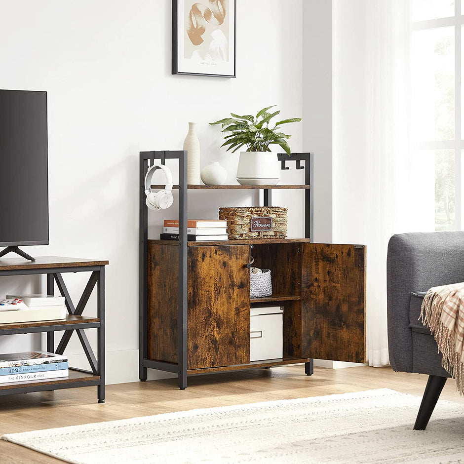 Storage Cabinet – Steel Frame – Rustic Brown – Floor Standing with Cupboard and Open Shelves