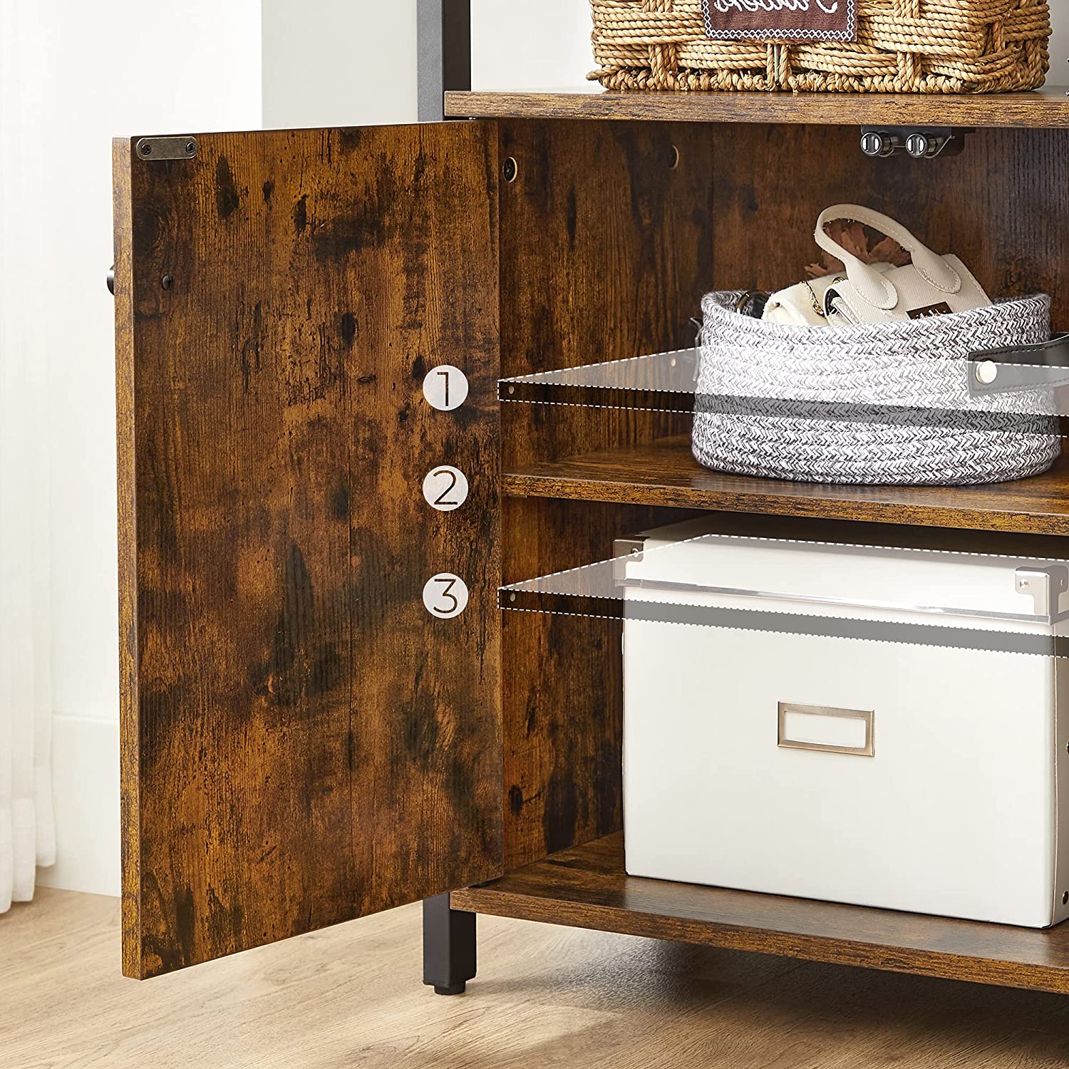 Storage Cabinet – Steel Frame – Rustic Brown – Floor Standing with Cupboard and Open Shelves
