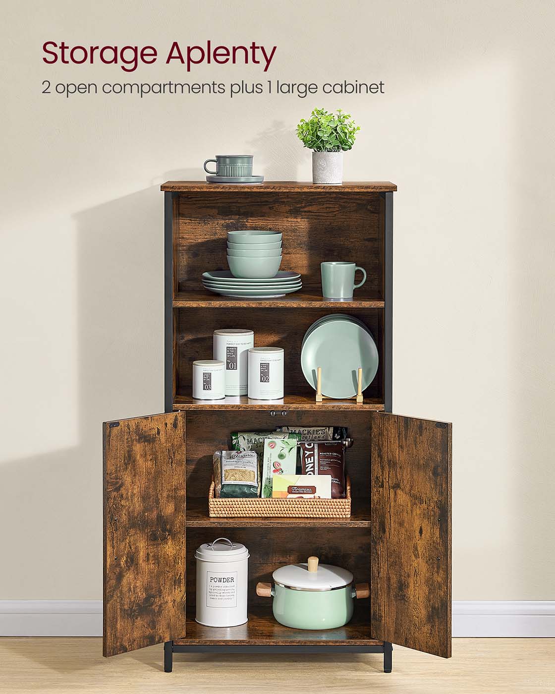 Multifunctional Floor Standing Cabinet – Wood – Rustic Brown and Black – 2 Open Compartments, Adjustable Shelf Behind Doors