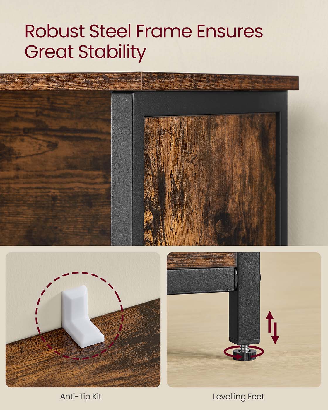Multifunctional Floor Standing Cabinet – Wood – Rustic Brown and Black – 2 Open Compartments, Adjustable Shelf Behind Doors