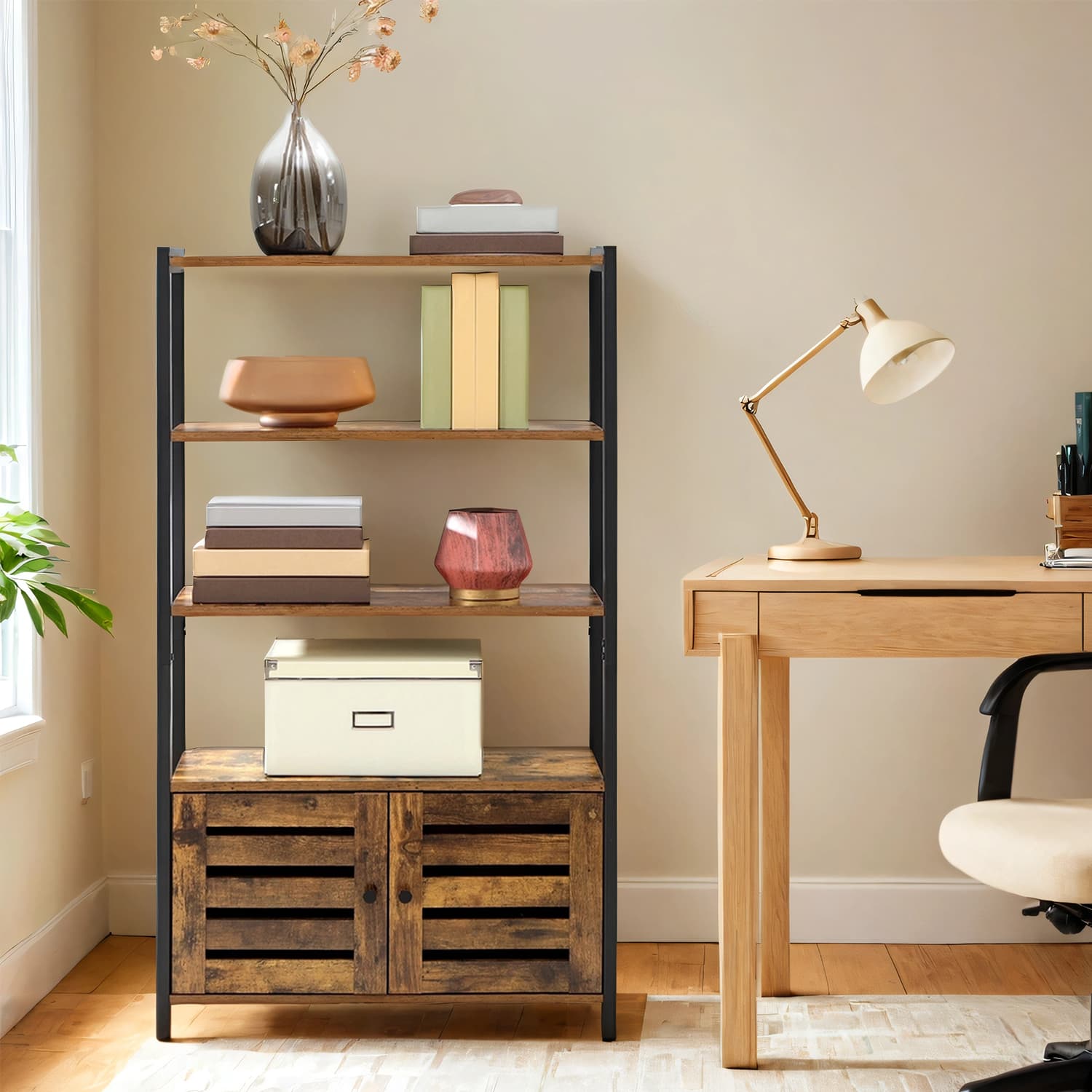 Bookcase – Wood – Rustic Brown – Floor Standing with 3 Shelves and 2 Shutter Doors