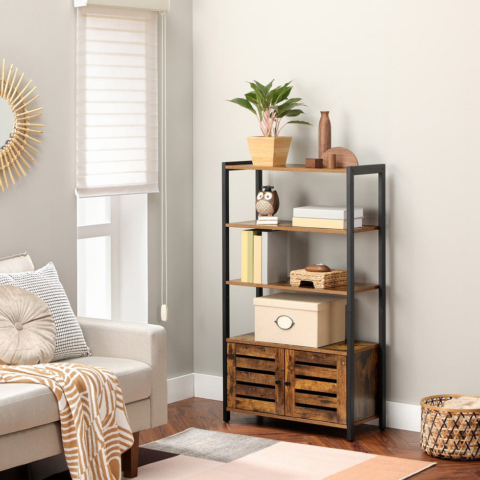 Floor Standing Cabinet – Wood – Rustic Brown – Industrial Design with Double Shutter Doors and 3 Shelves