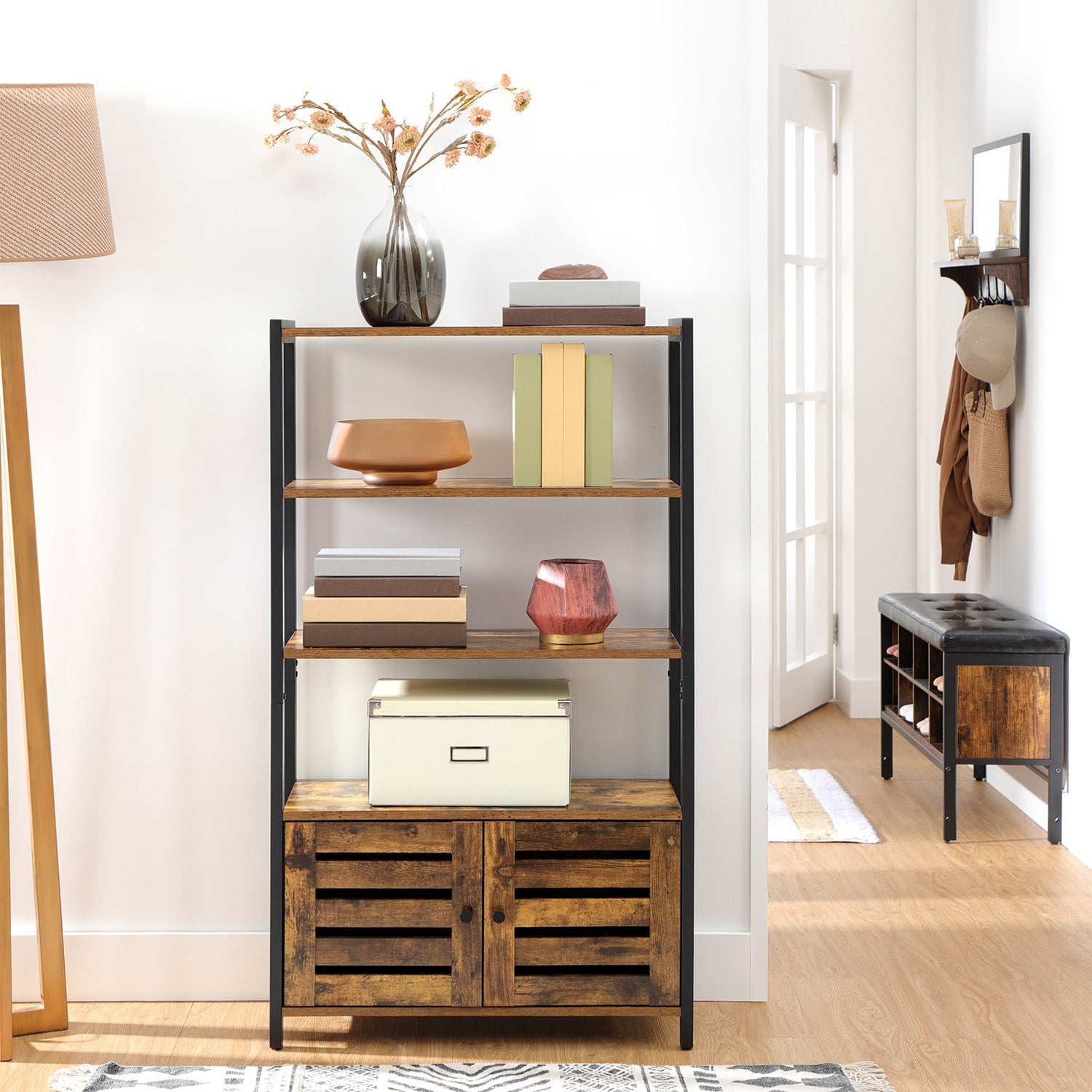Floor Standing Cabinet – Wood – Rustic Brown – Industrial Design with Double Shutter Doors and 3 Shelves