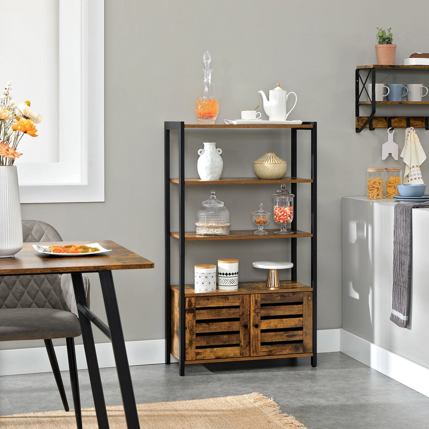 Floor Standing Cabinet – Wood – Rustic Brown – Industrial Design with Double Shutter Doors and 3 Shelves