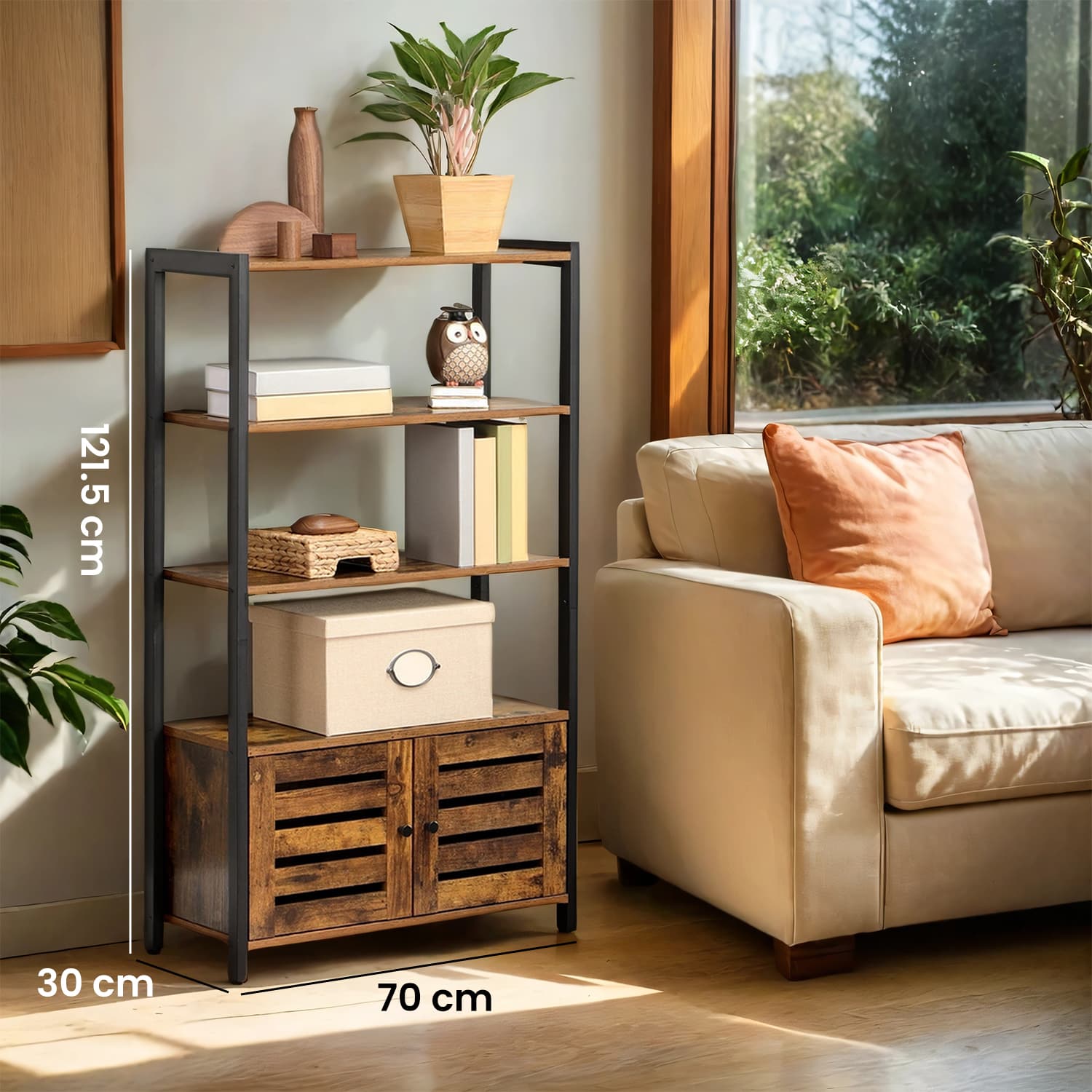Bookcase – Wood – Rustic Brown – Floor Standing with 3 Shelves and 2 Shutter Doors