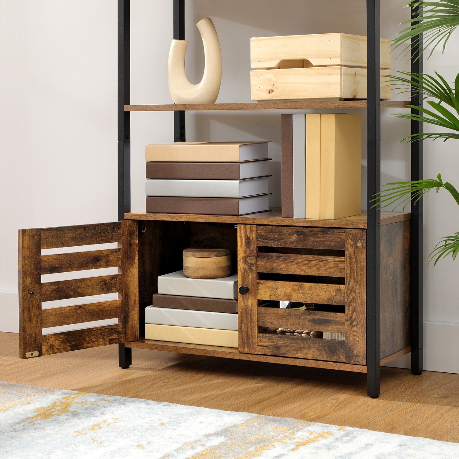 Floor Standing Cabinet – Wood – Rustic Brown – Industrial Design with Double Shutter Doors and 3 Shelves