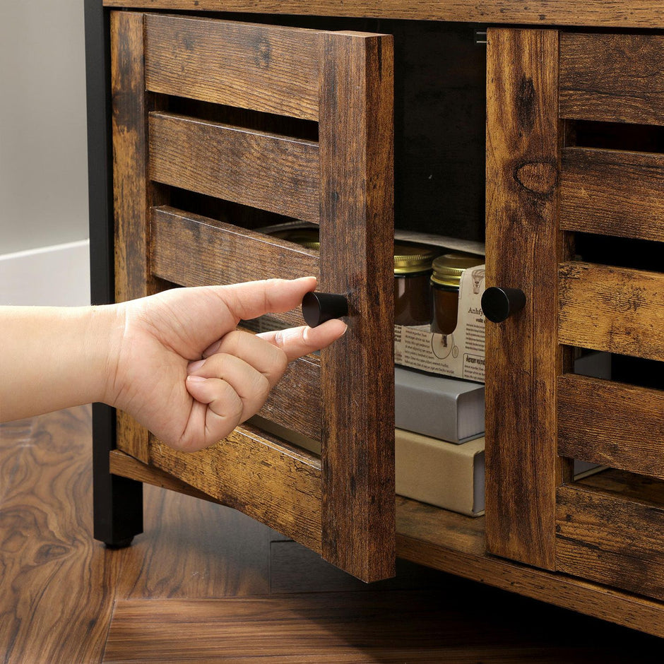 Floor Standing Cabinet – Wood – Rustic Brown – Industrial Design with Double Shutter Doors and 3 Shelves