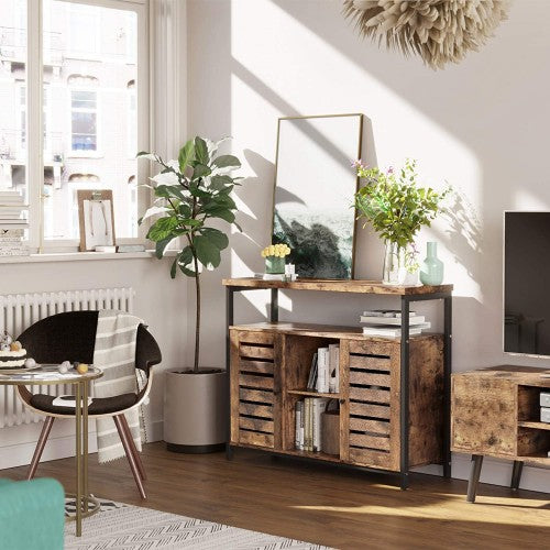 Floor Standing Cabinet – Wood – Rustic Brown – Multi-Functional Storage with Louvred Doors