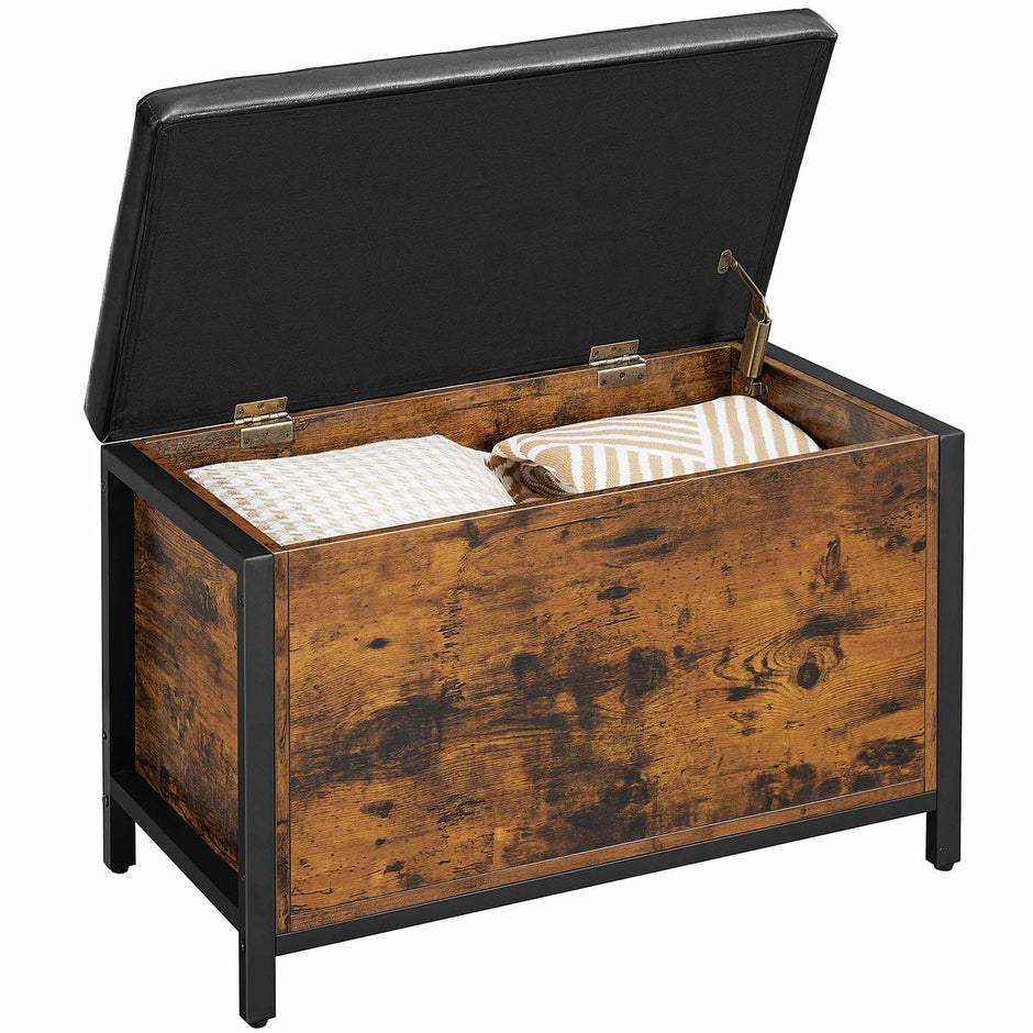 Storage Bench – Synthetic Leather and Metal – Black and Rustic Brown – Padded Seat and Easy Assembly