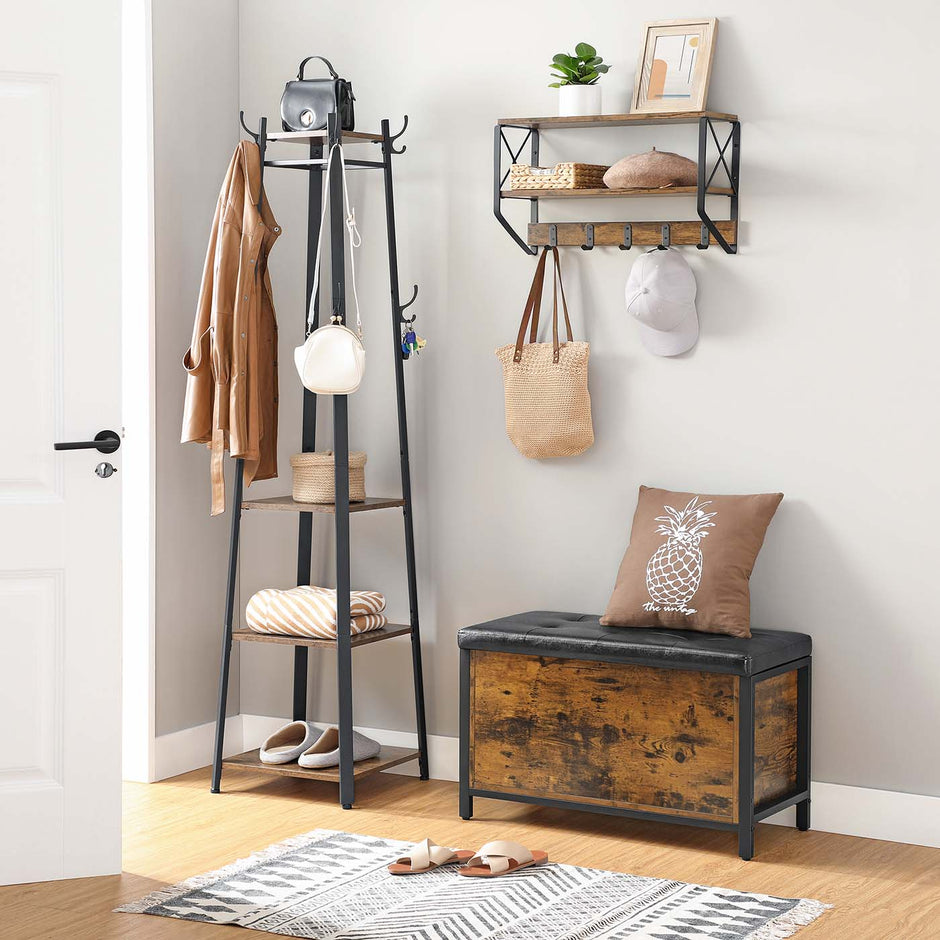 Storage Bench – Synthetic Leather and Metal – Black and Rustic Brown – Padded Seat and Easy Assembly
