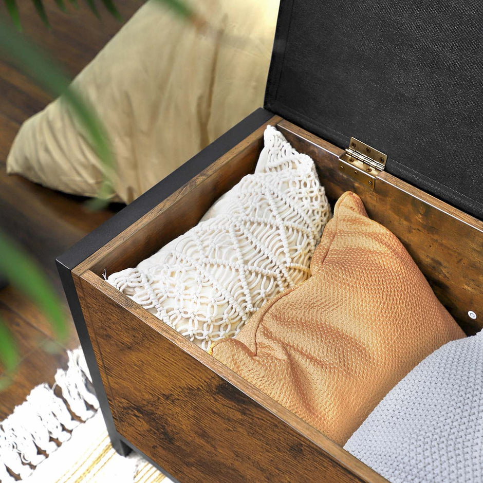 Storage Bench – Synthetic Leather and Metal – Black and Rustic Brown – Padded Seat and Easy Assembly